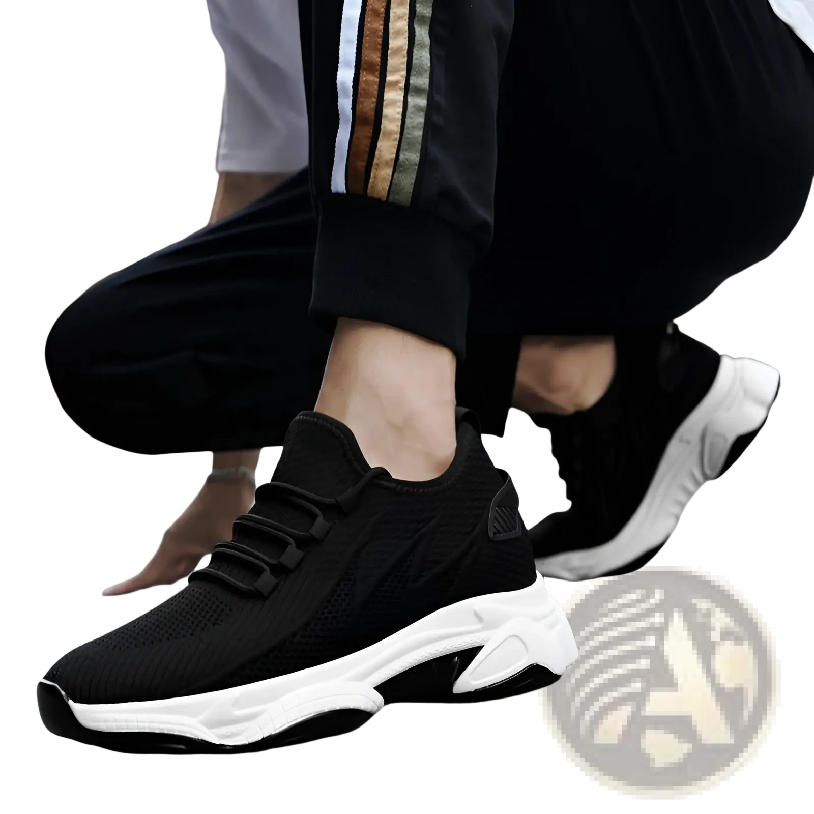 Men’s air cushion running shoes black mesh sneakers with thick white rubber sole and subtle side branding