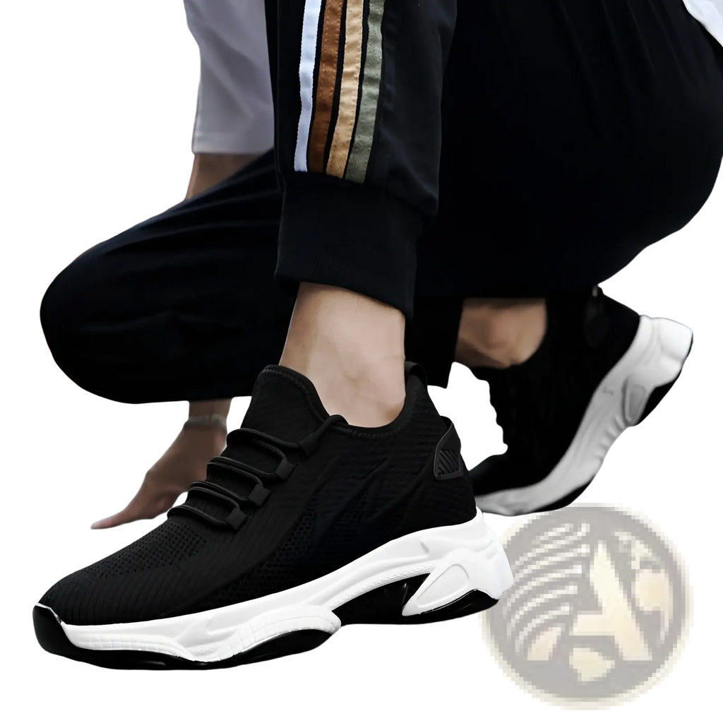 Men’s air cushion running shoes black mesh sneakers with thick white rubber sole and subtle side branding