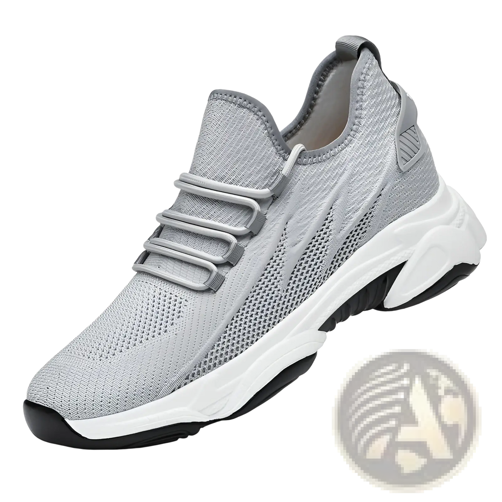 Men’s air cushion running shoes gray knit sneaker with breathable mesh upper and white black sole with laces