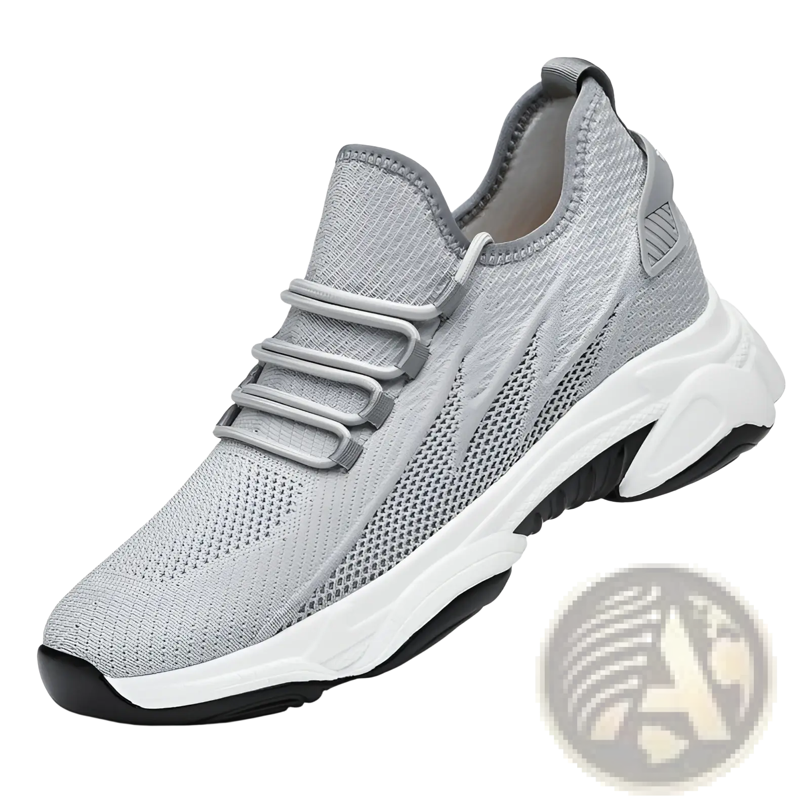 Men’s air cushion running shoes gray knit sneaker with breathable mesh upper and white black sole with laces