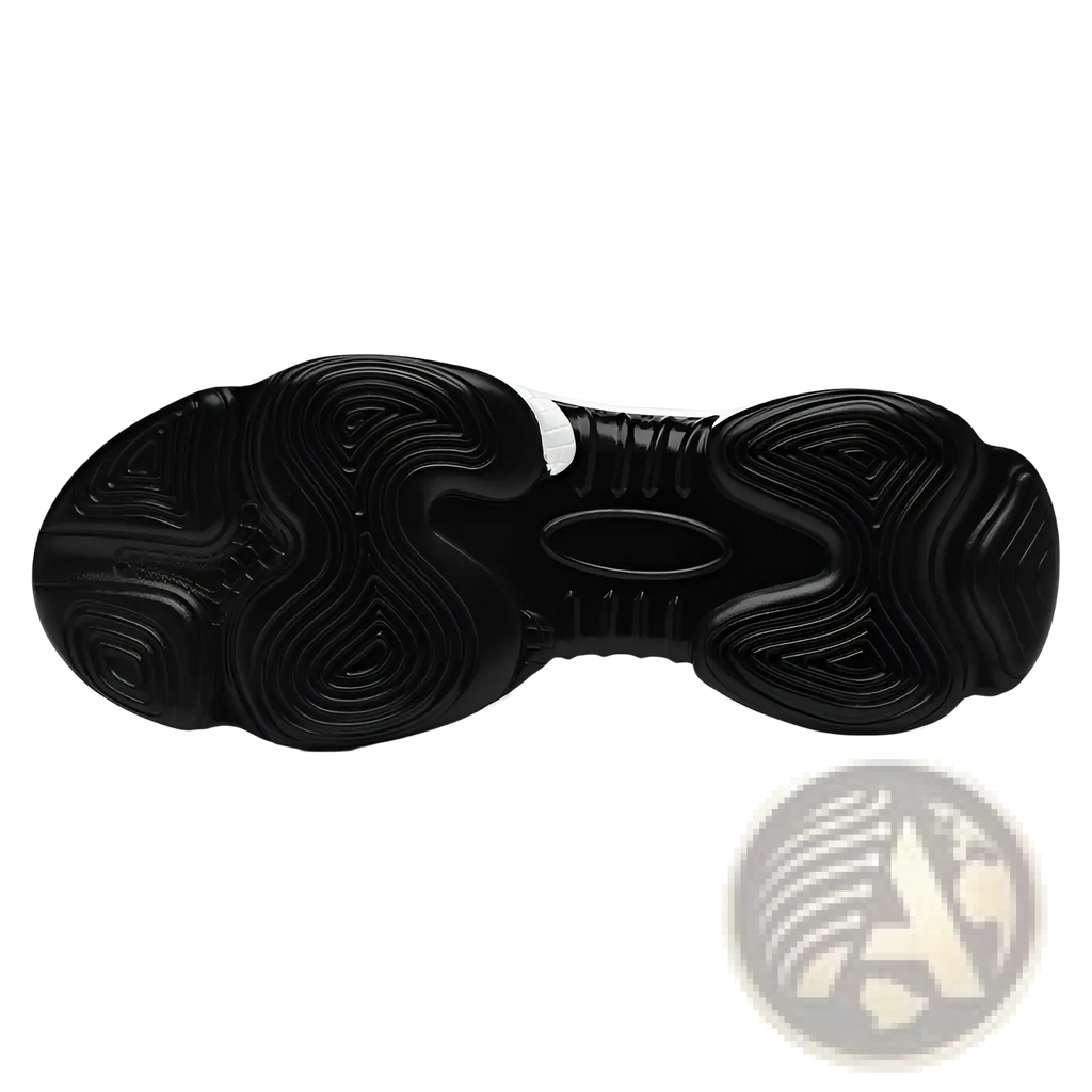 Men’s air cushion running shoes black mesh sneakers featuring a black rubber sole with wavy tread patterns and white midsole accent