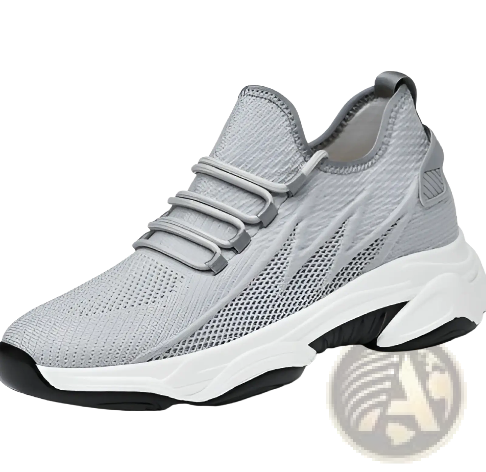 Men’s air cushion running shoe in gray mesh with white and black rubber sole for athletic performance