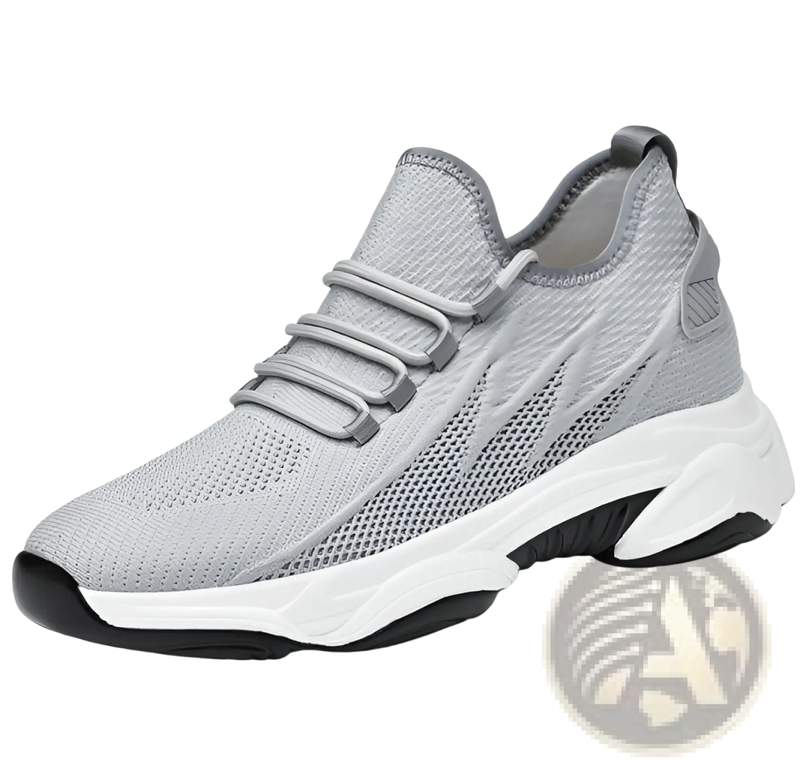Gray knit men’s air cushion running shoes with chunky white and black sole and invisible 8cm height increase
