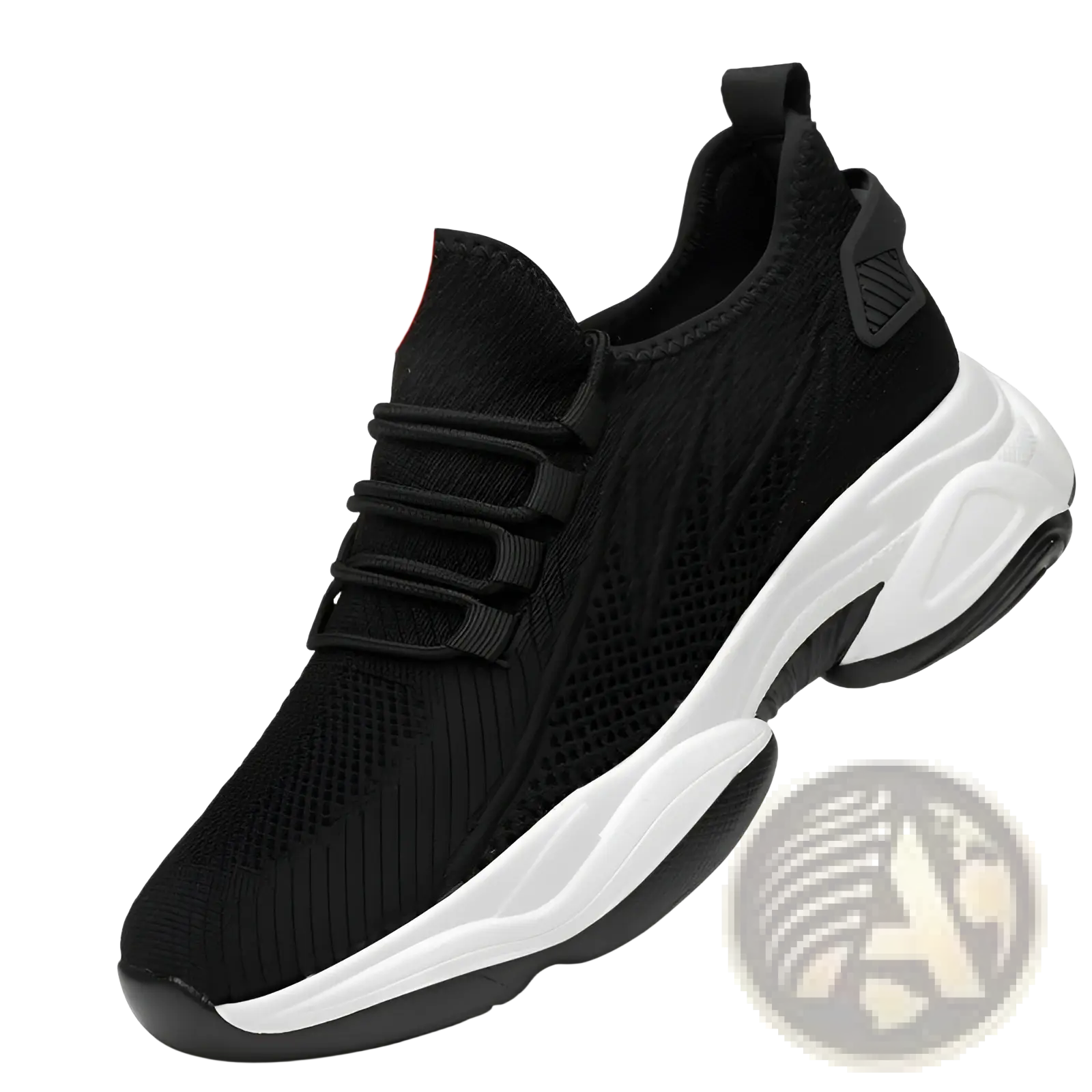 Men’s air cushion running shoes black mesh sneakers with thick white and black sole in black knit material