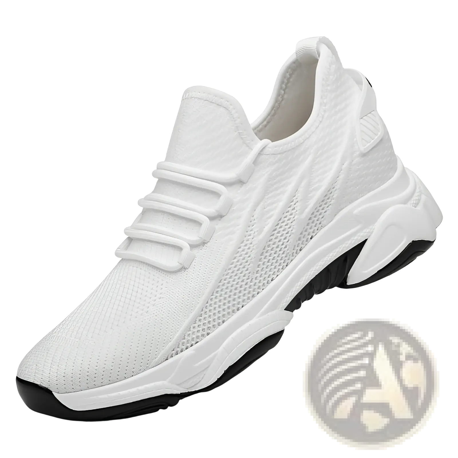 Men’s air cushion running shoes with white knit upper and black rubber sole designed for comfort and performance