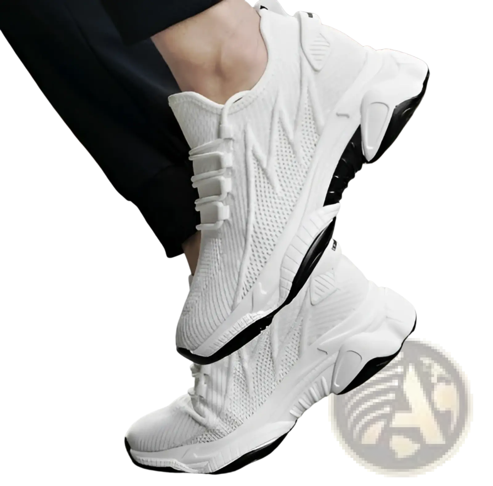 Men’s air cushion running shoes featuring white mesh material and black rubber soles with a chunky layered design