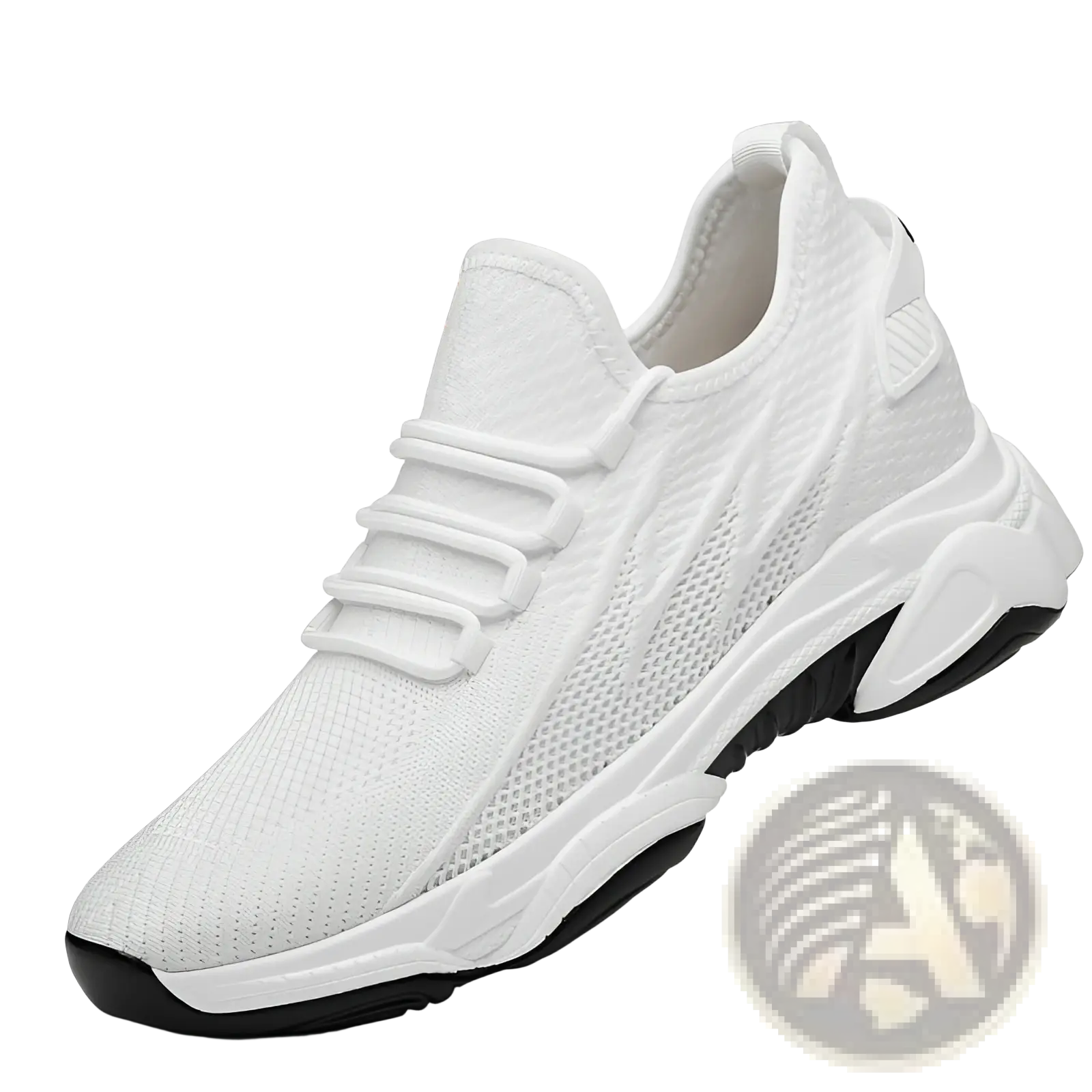 Men’s air cushion running shoes featuring white mesh upper and chunky white and black sole for athletic use