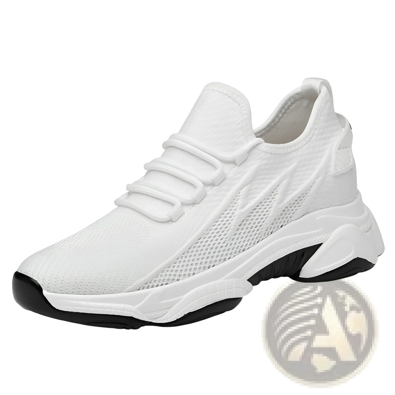 Men’s air cushion running shoes in white knit with a chunky white and black sole designed for comfort and support