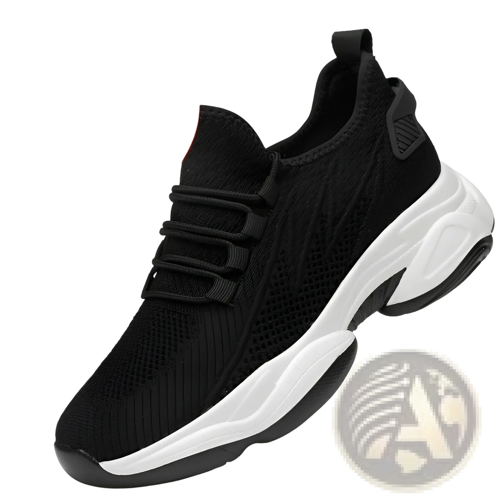 Men’s black knit air cushion running sneaker with a white and black chunky sole for enhanced comfort and style