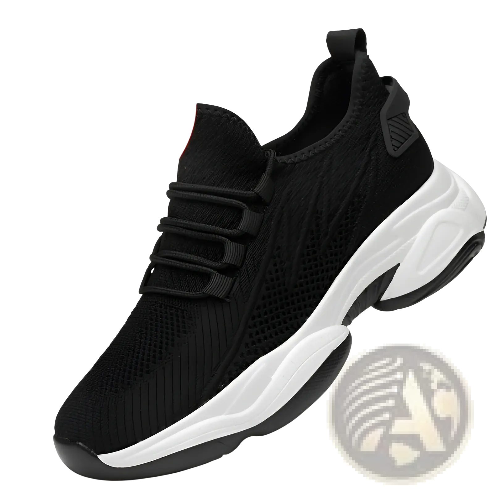 Men’s black knit air cushion running sneaker with a white and black chunky sole for enhanced comfort and style