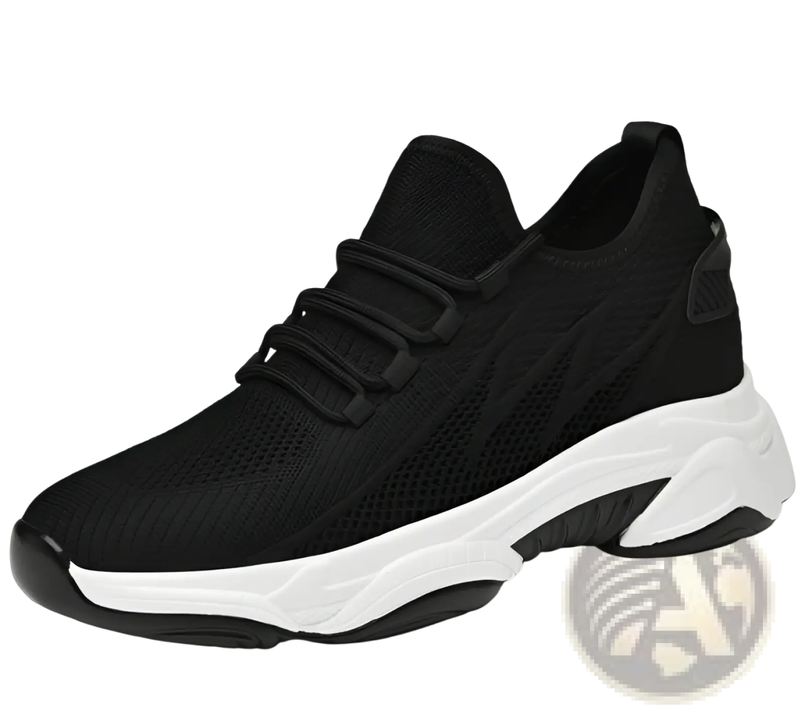 Men’s air cushion running shoes chunky sneakers in black knit with thick white sole and subtle black accents