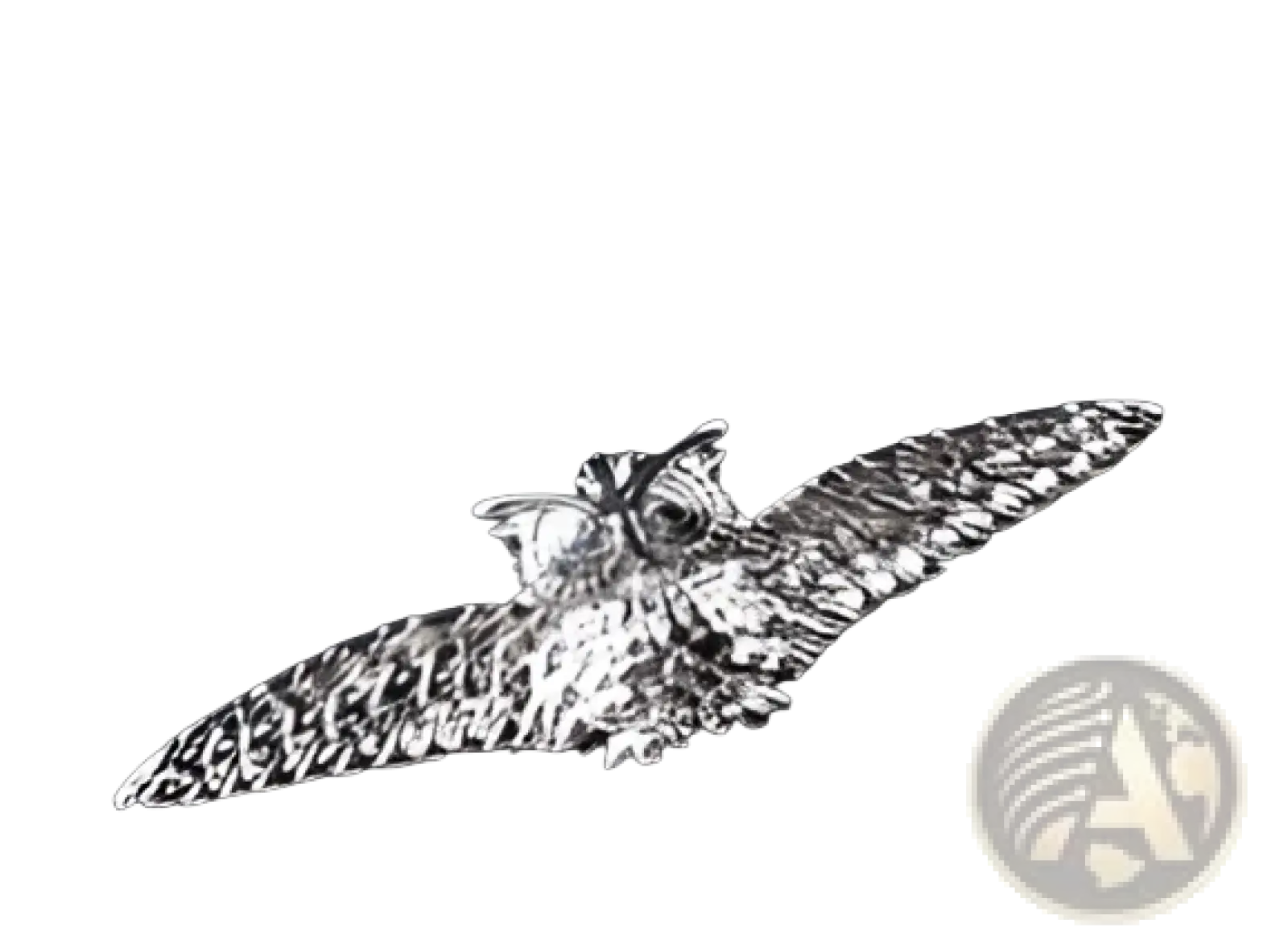 Silver owl brooch with detailed feather texture and outstretched wings in men’s airplane tie clip and lapel pin gift set