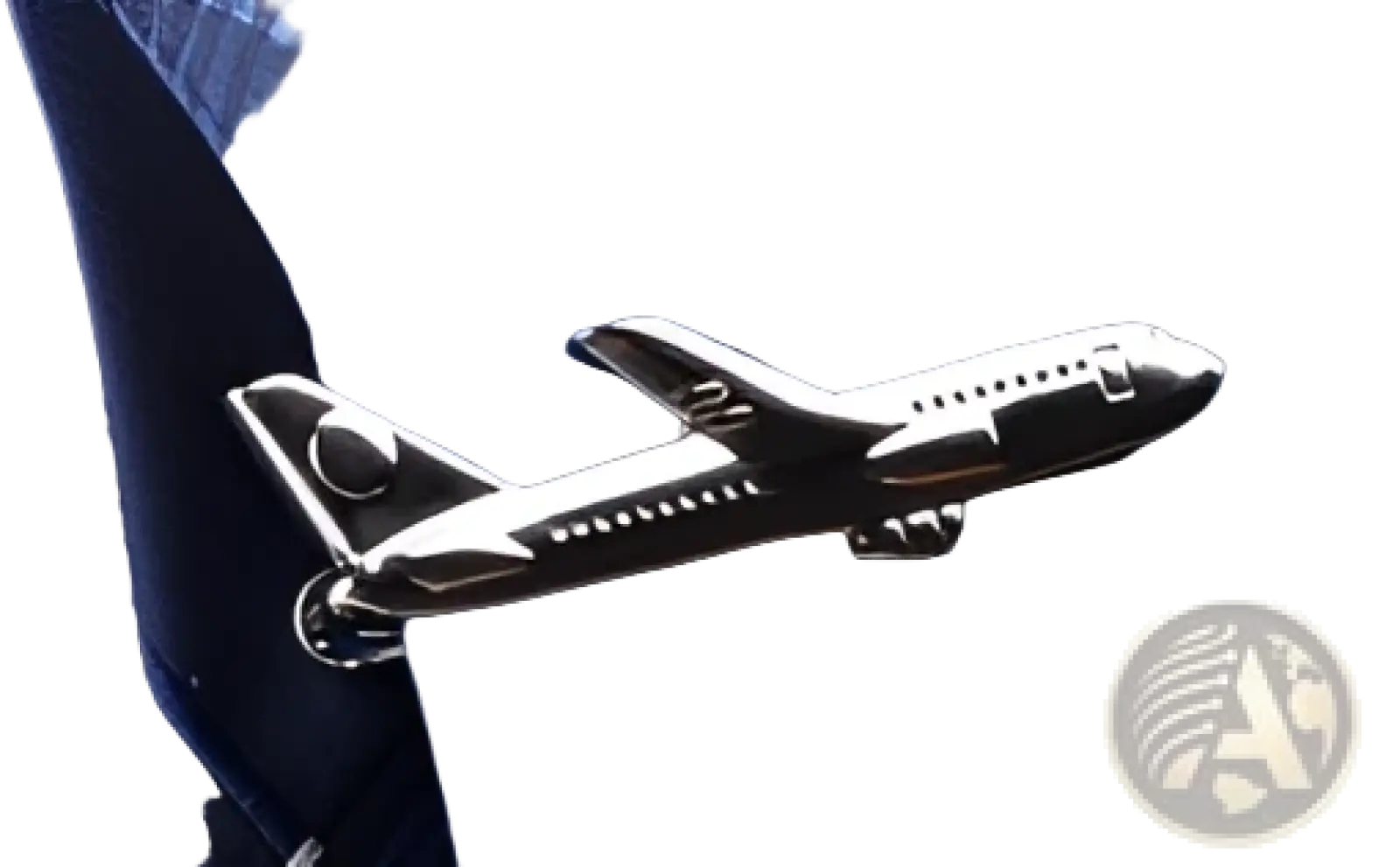 Silver airplane tie clip with polished metallic finish and detailed wings fuselage and cockpit in men’s gift set