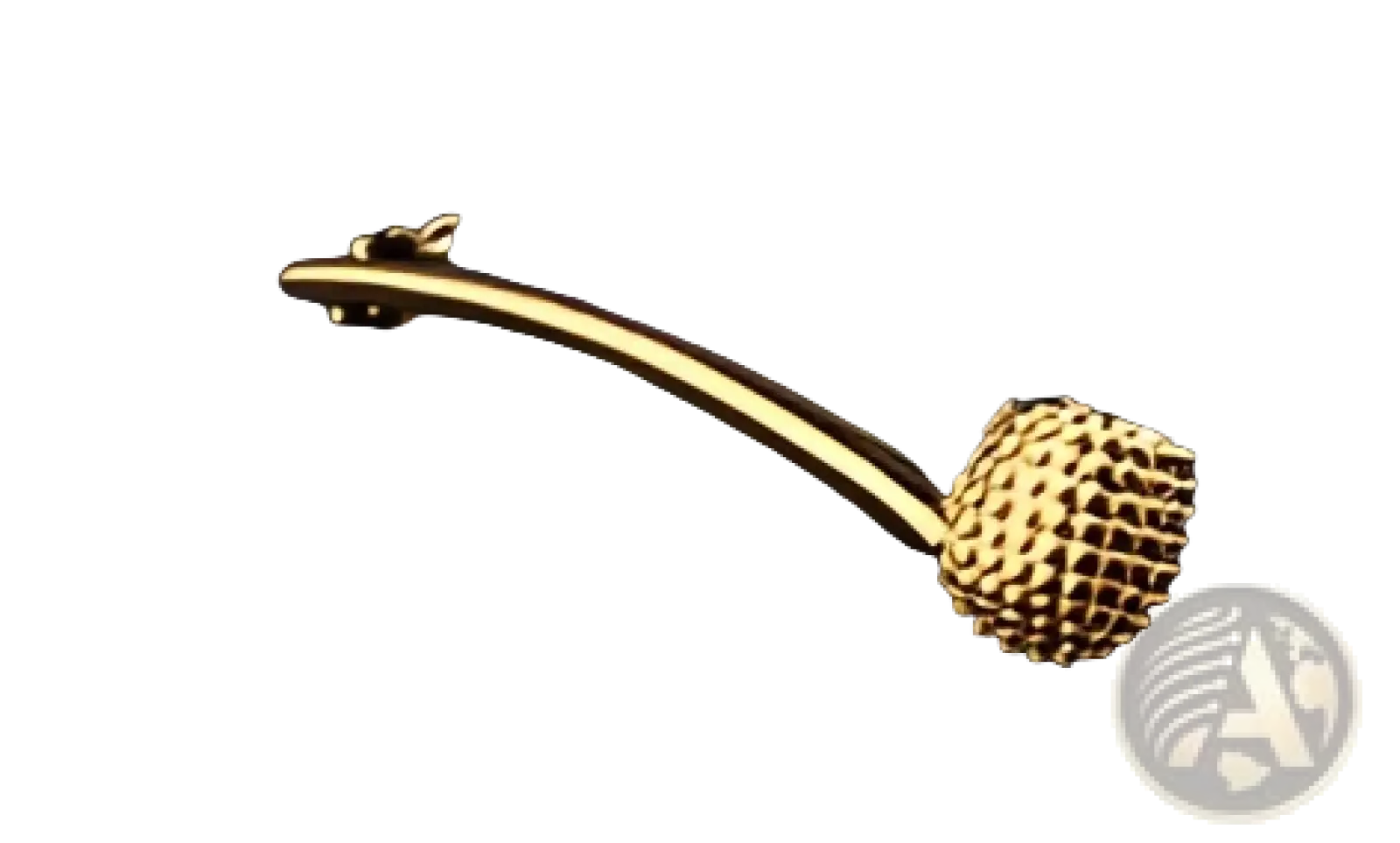 Gold-colored textured pipe-shaped pin with faceted head and sleek metallic stem in men’s airplane tie clip and lapel pin set