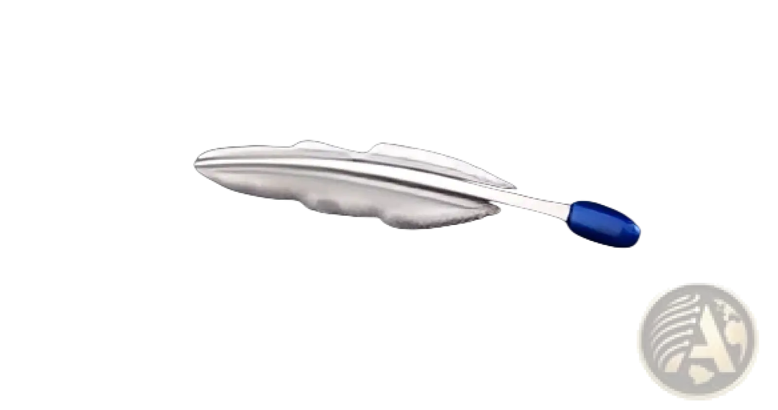 Men’s airplane tie clip and lapel pin gift set featuring a silver feather-shaped pin with a blue-tipped stem
