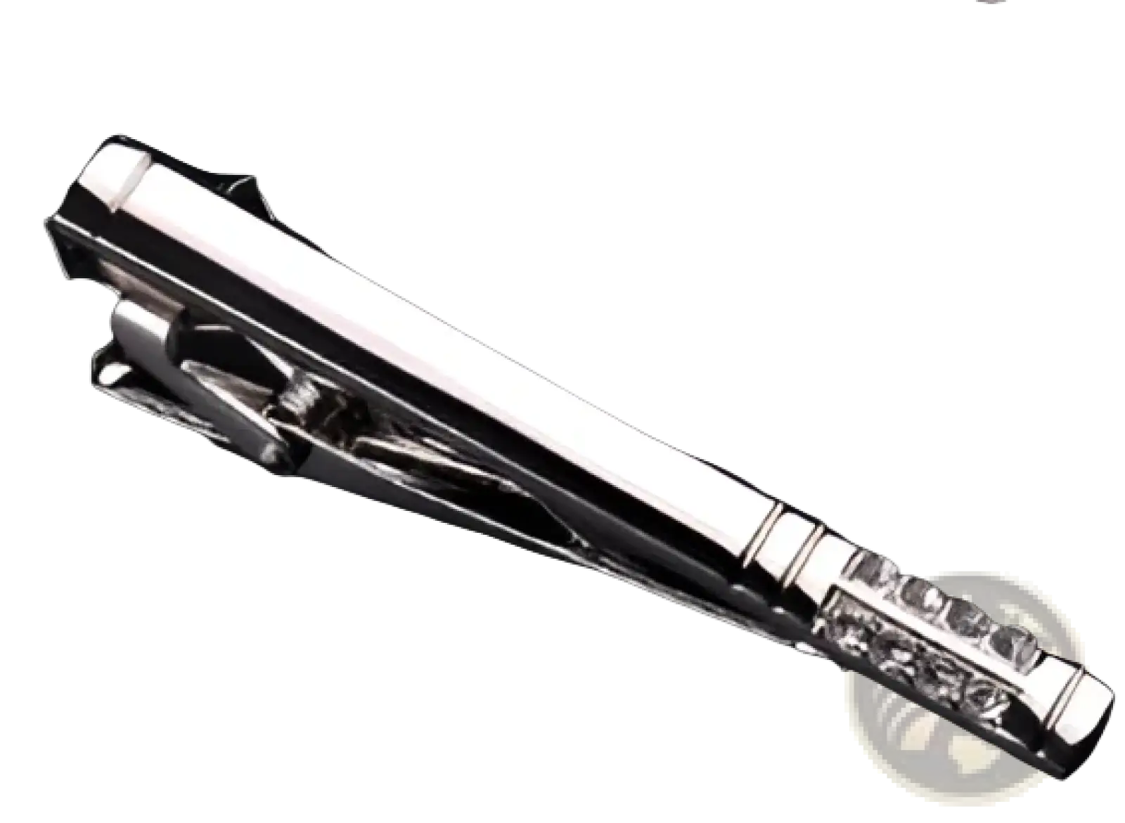 Men’s airplane tie clip in silver with sleek polished finish and ornate small embedded stones along lower edge