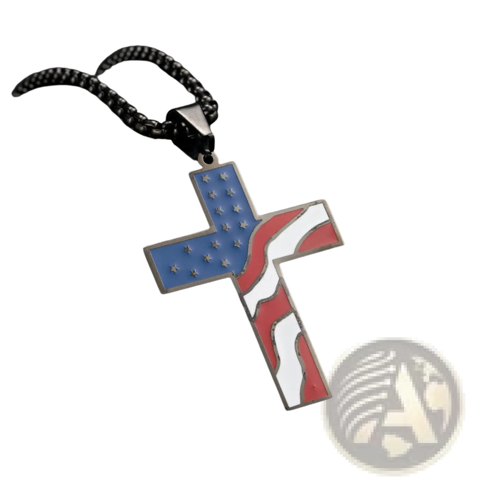 Men’s stainless steel necklace featuring an enamel american flag cross pendant on a black beaded chain