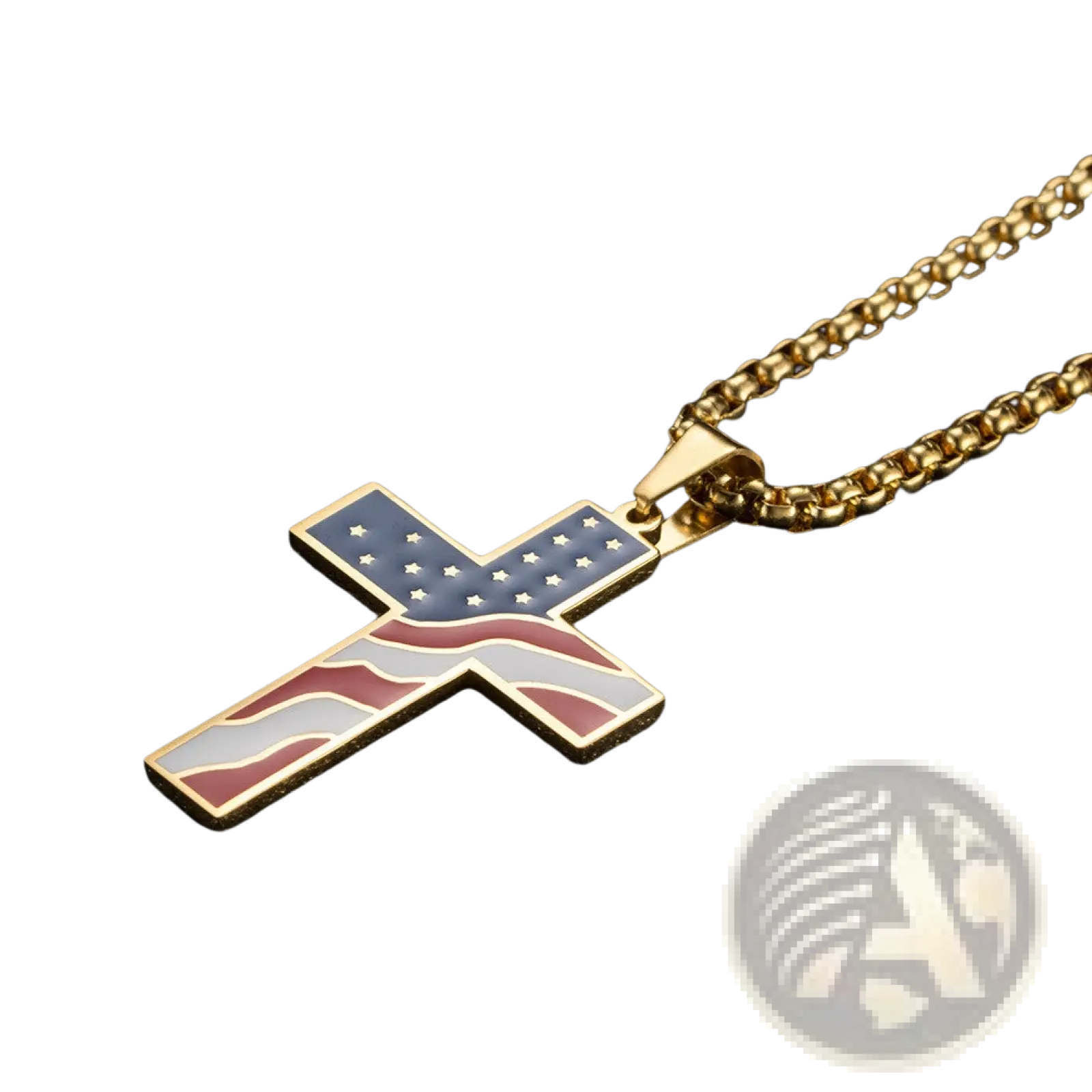 Gold-toned men’s American flag enamel cross pendant necklace with red white and blue stars and stripes on stainless steel chain