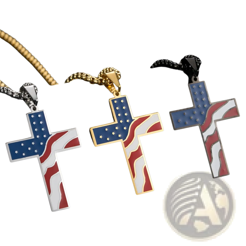 Three american flag-themed stainless steel cross pendants in silver gold and black with enamel stars and stripes detailing