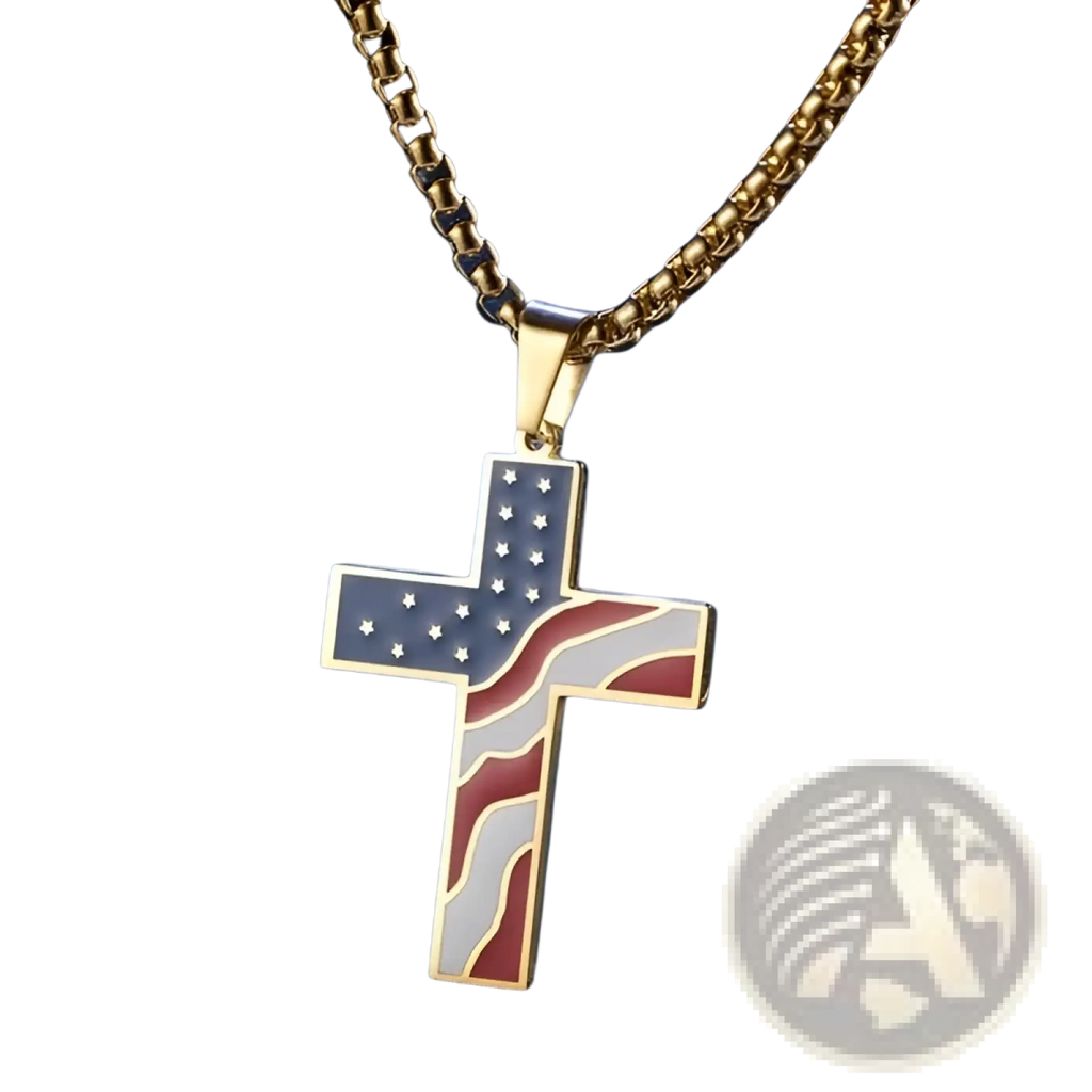Men’s gold-toned cross pendant enamel american flag design on stainless steel chain necklace