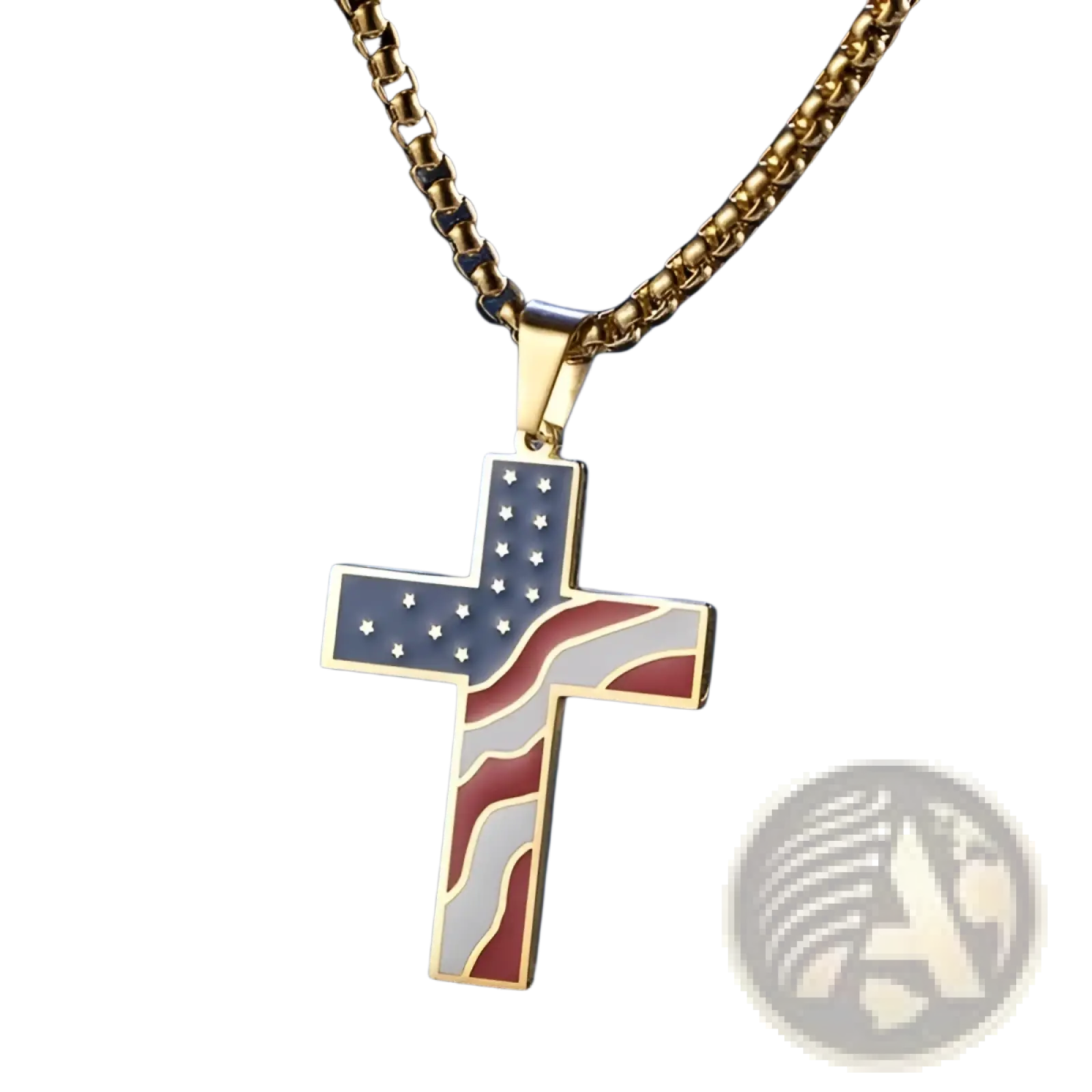 Men’s gold-toned cross pendant enamel american flag design on stainless steel chain necklace