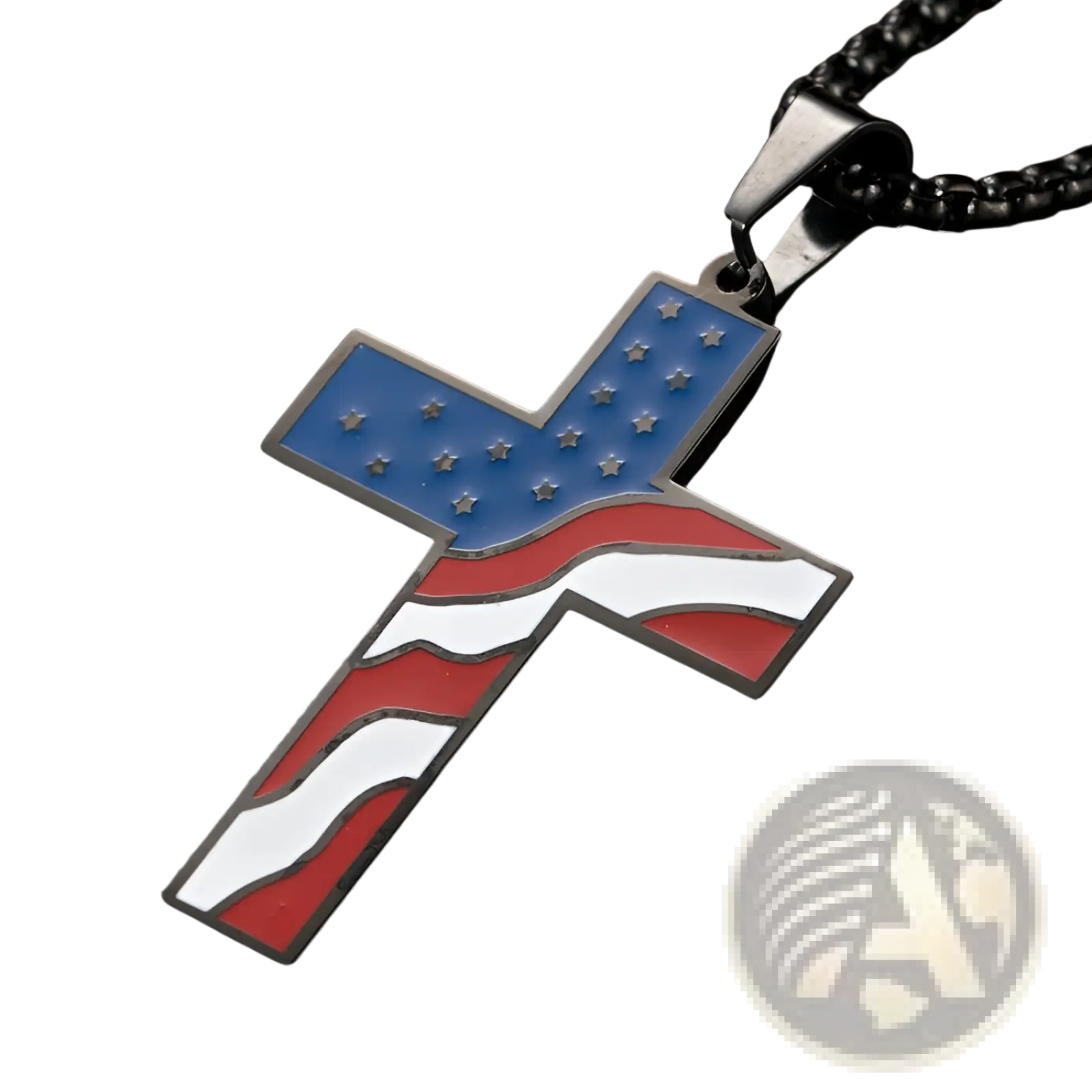 Men’s stainless steel cross necklace with American flag enamel finish and black chain for patriotic wear