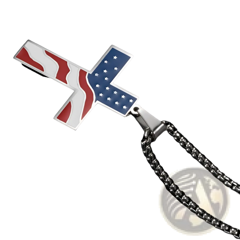 Men’s stainless steel cross pendant necklace with american flag design in red white and blue enamel detailing