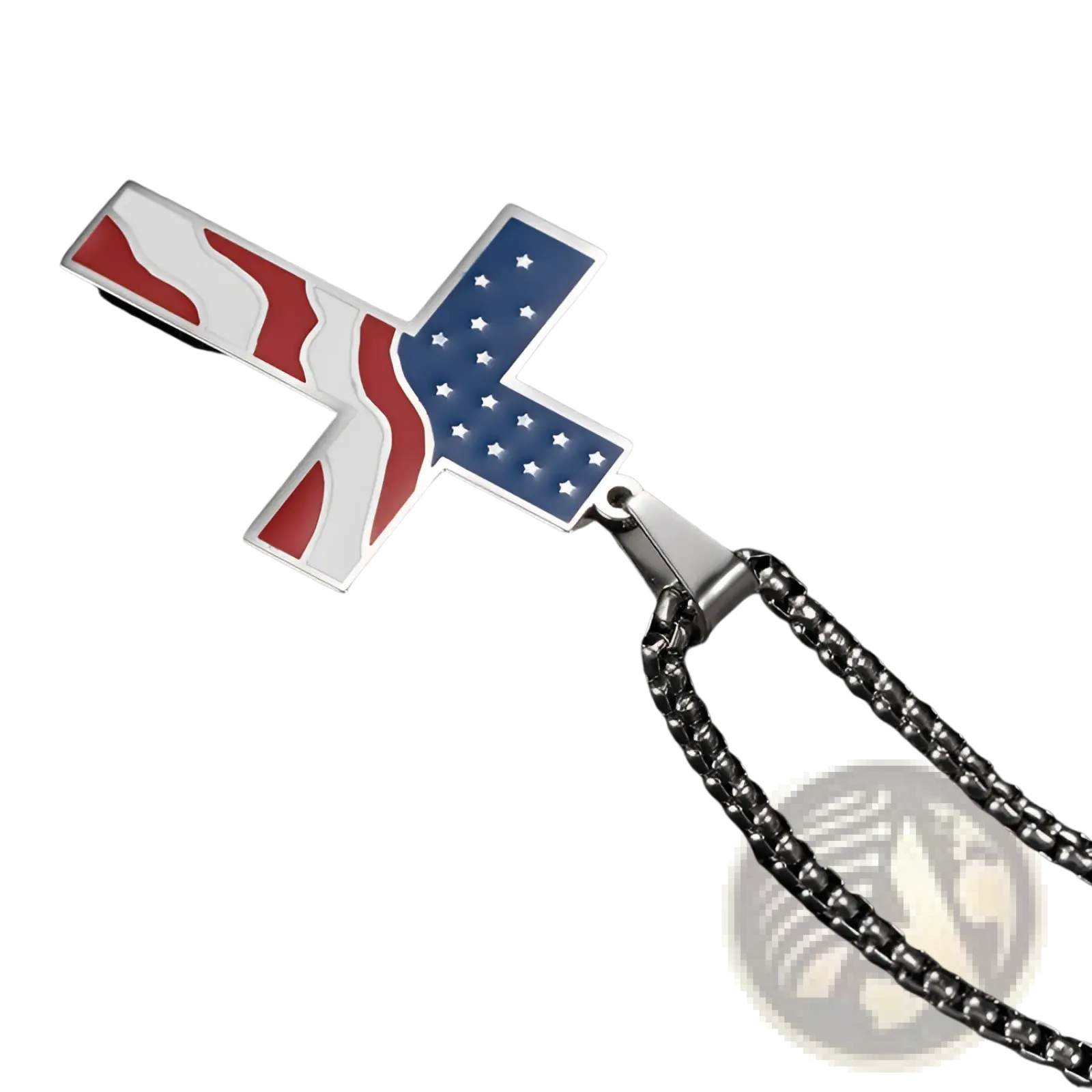 Men’s stainless steel cross pendant necklace with american flag design in red white and blue enamel detailing