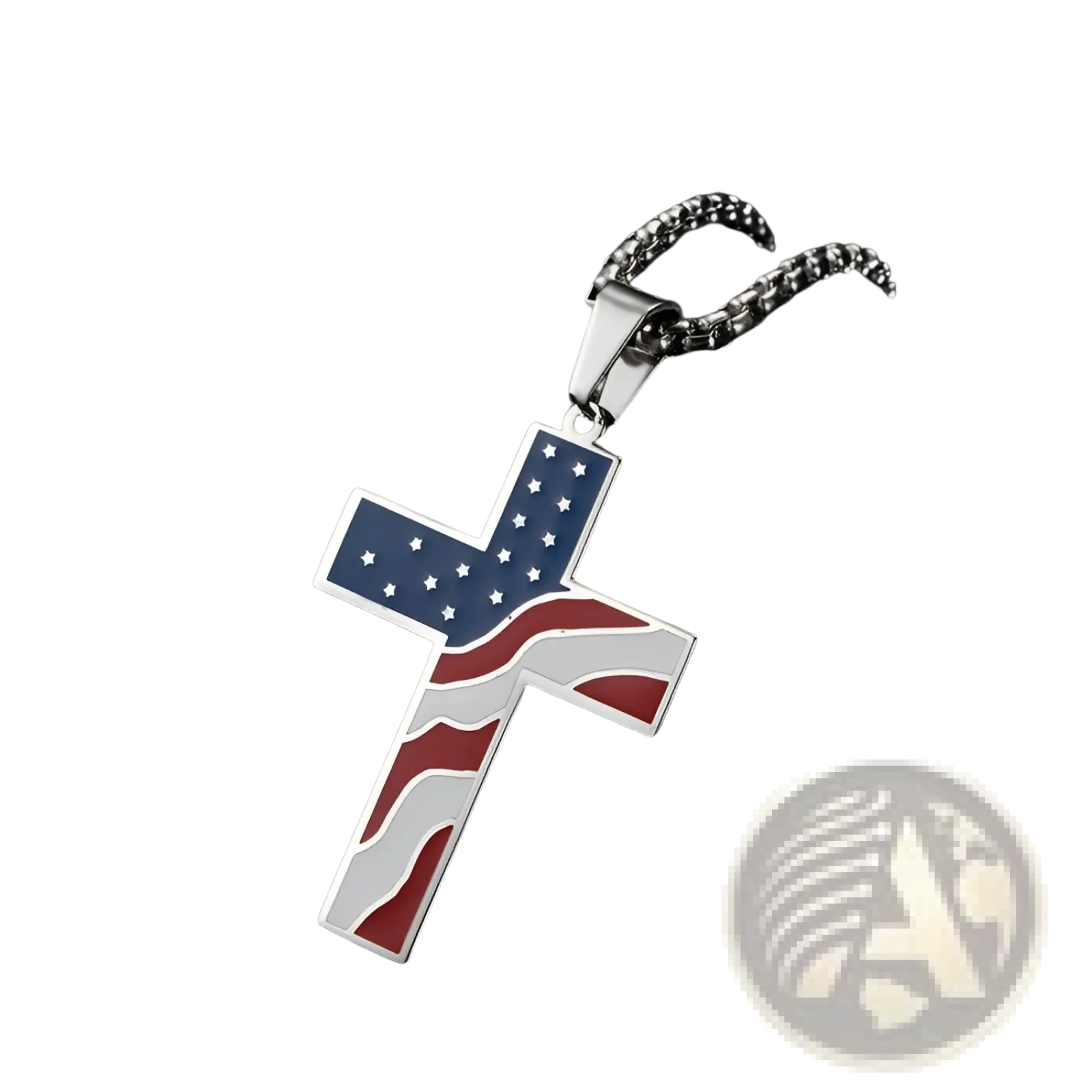 Men’s american flag enamel cross stainless steel necklace featuring red white stripes and blue field with white stars