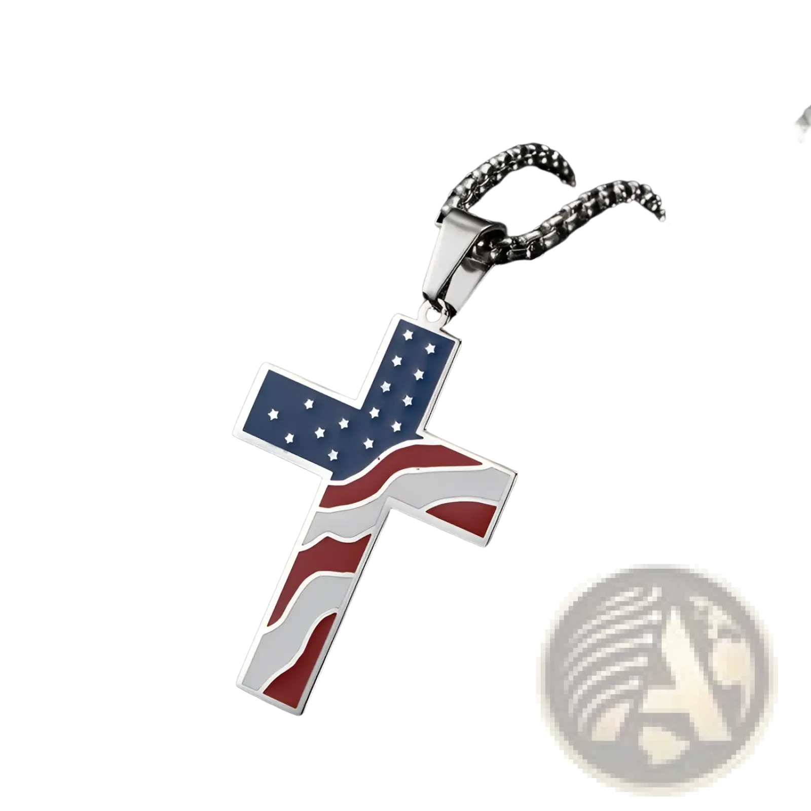 Men’s American flag enamel cross stainless steel necklace with silver finish featuring stars and stripes design
