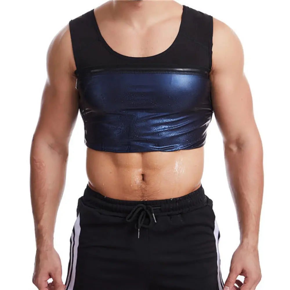Unisex metallic sauna sweat vest and waist slimmer in black and navy blue sleeveless crop top with shiny reflective chest panel