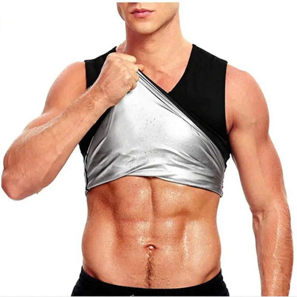 Unisex metallic sauna sweat vest and waist slimmer in silver metallic sleeveless design with black shoulder panels