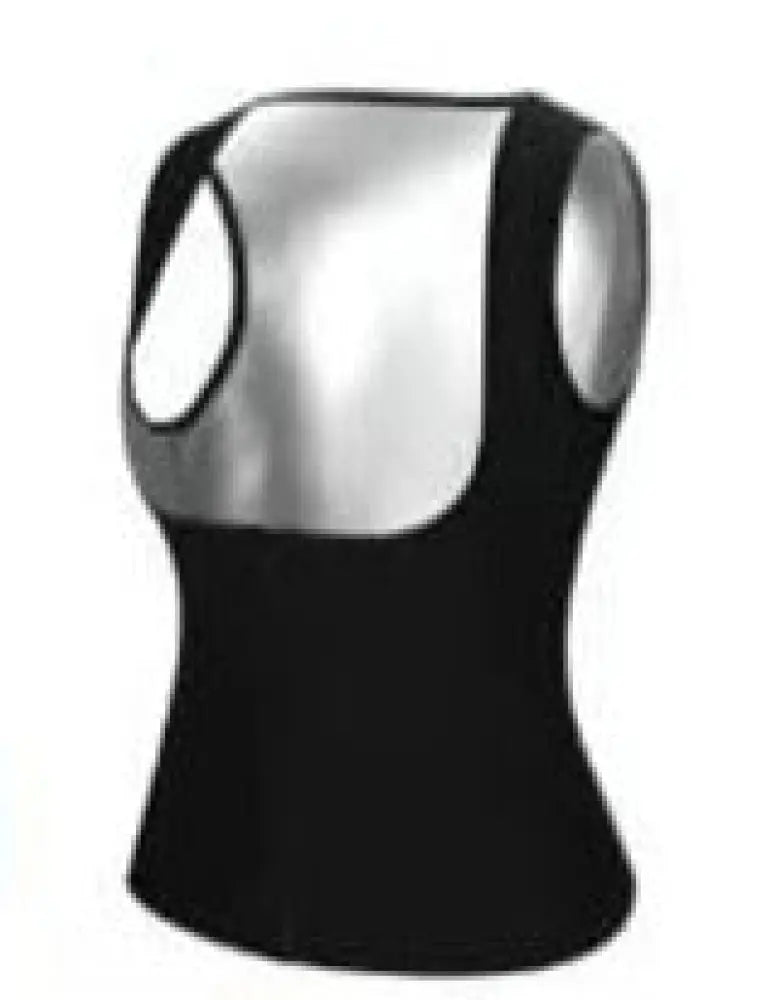 Back view of black unisex metallic sauna sweat vest with shiny silver panel for waist slimming and heat retention