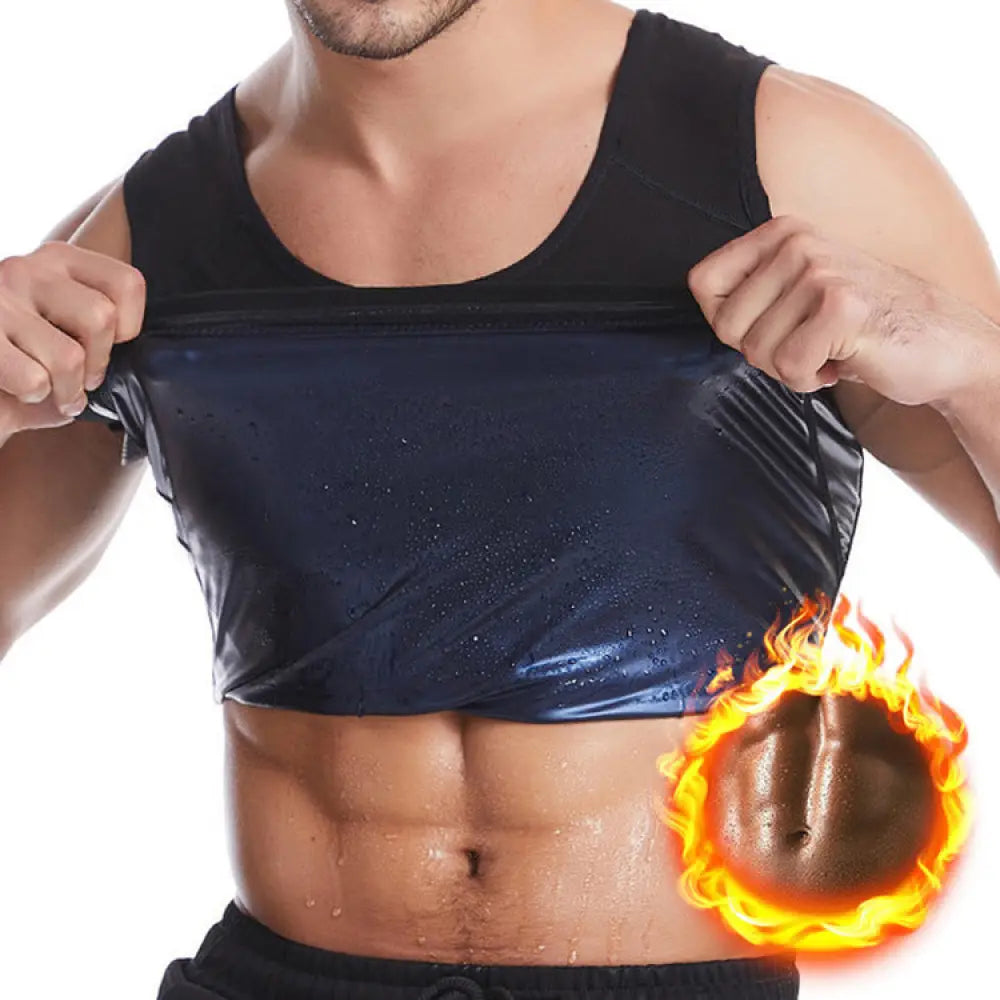 Unisex black metallic sauna sweat vest and waist slimmer with shiny moisture-wicking fabric and insulated inner layer