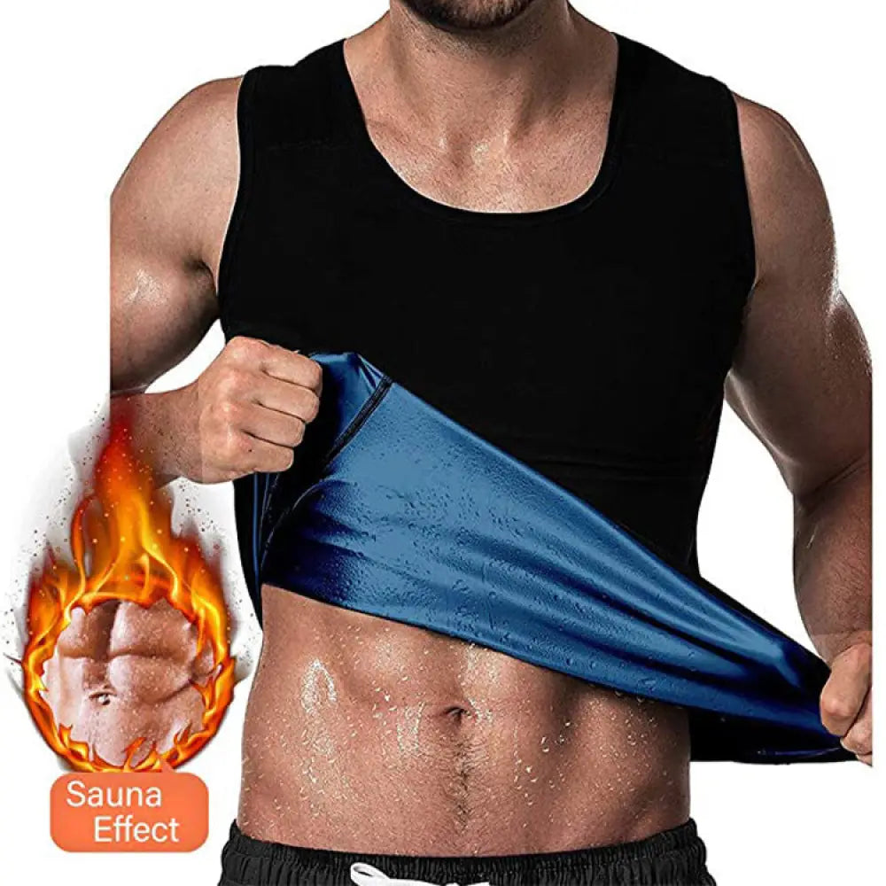 Unisex black sleeveless metallic sauna sweat vest with shiny blue inner lining for waist slimming and sauna effect