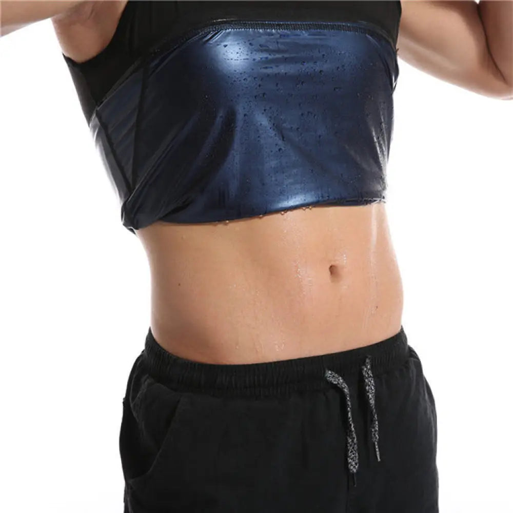 A shiny dark blue glossy fabric unisex metallic sauna sweat vest and waist slimmer worn over a black tank top