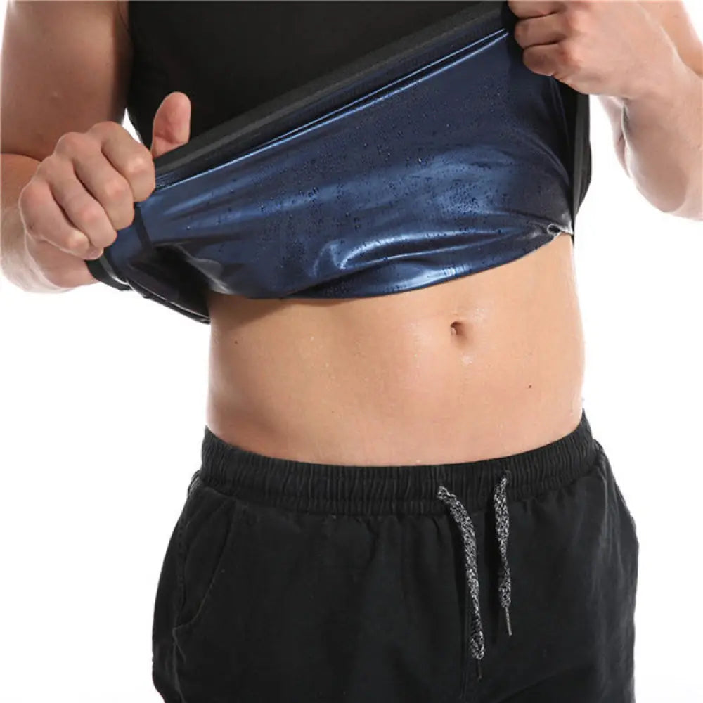Shiny dark blue metallic sauna sweat vest and waist slimmer worn over the torso unisex slimming garment