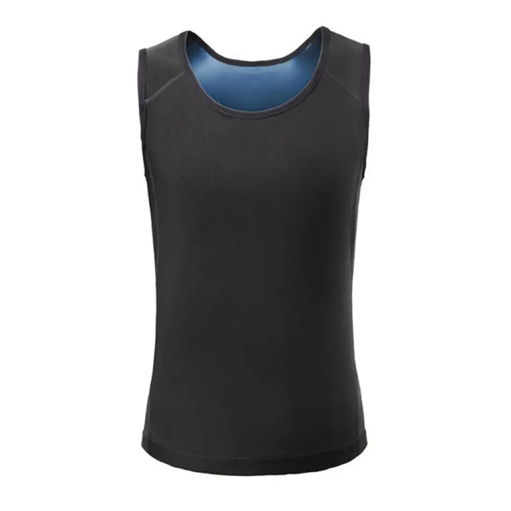 Unisex metallic sauna sweat vest and waist slimmer in black sleeveless design with contrasting blue inner lining