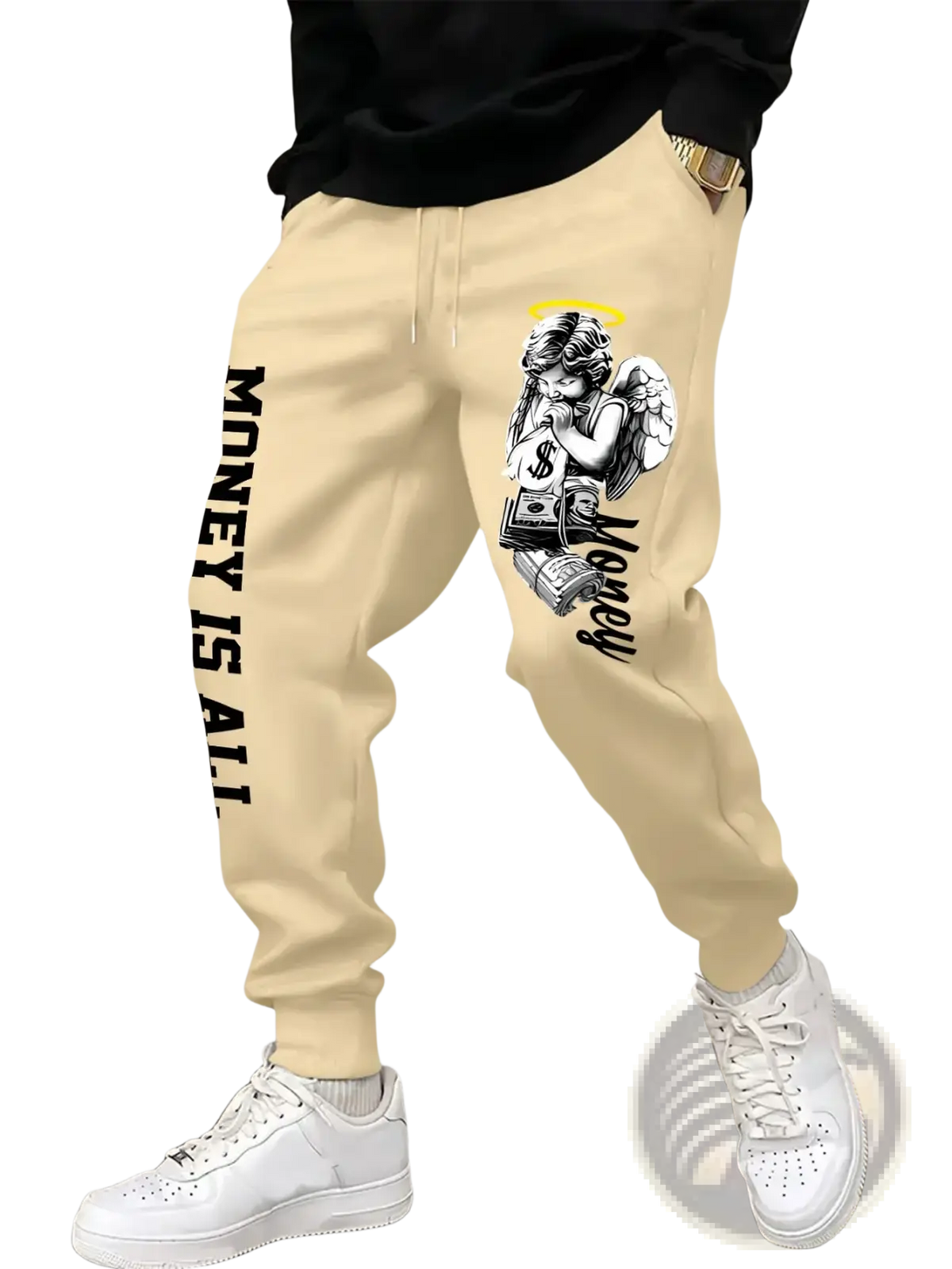 Men’s beige jogger sweatpants with black angel graphic and money illustration paired with white sneakers
