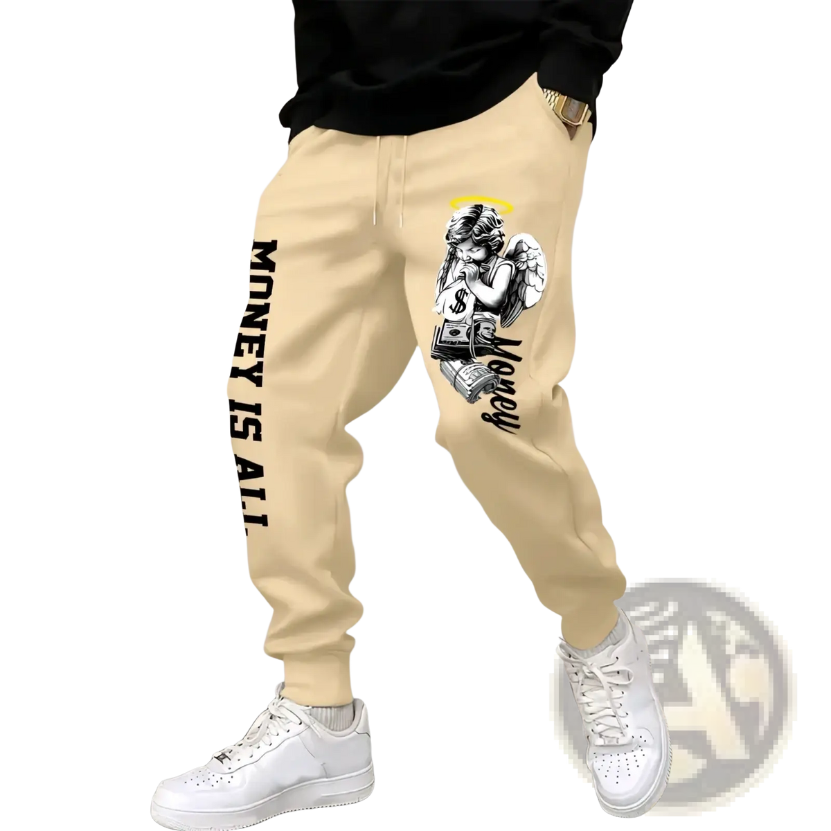 Men’s beige cotton jogger pants with black money is all text down the leg and angel graphic holding money on thigh