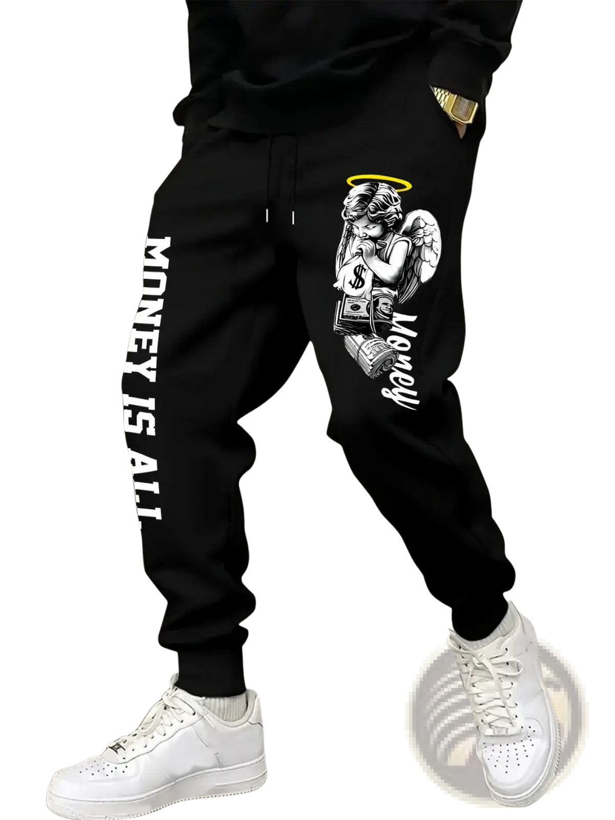 Men’s black angel graphic joggers sweatpants with a white angel holding money and money is all text on the leg