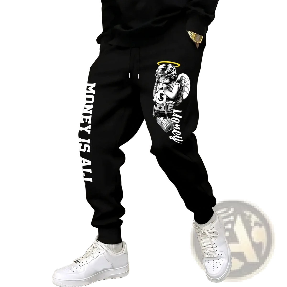 Men’s black joggers sweatpants featuring a white angel graphic holding money and money is all text along the leg