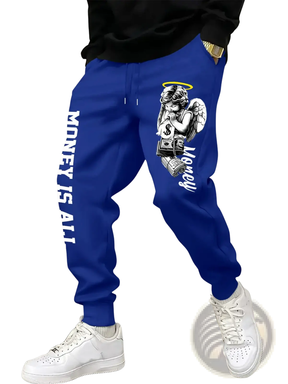 Men’s royal blue angel graphic joggers sweatpants with white angel holding money and money is all text on the leg