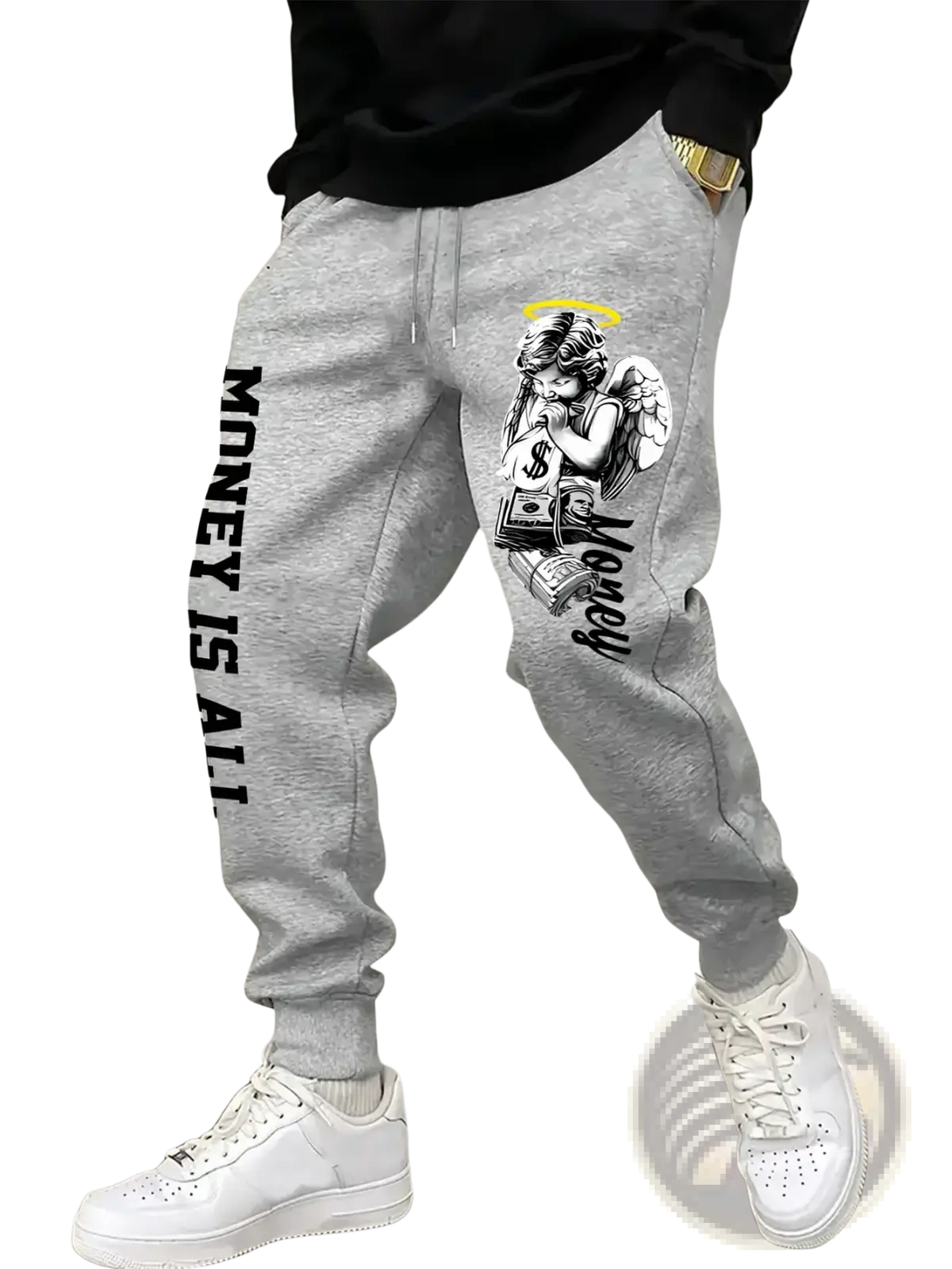 Men’s gray cotton joggers sweatpants with black and white angel graphic holding money and vertical money is all text
