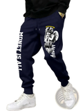 Men’s navy blue sweatpants with a white angel graphic holding money and money is all text printed vertically
