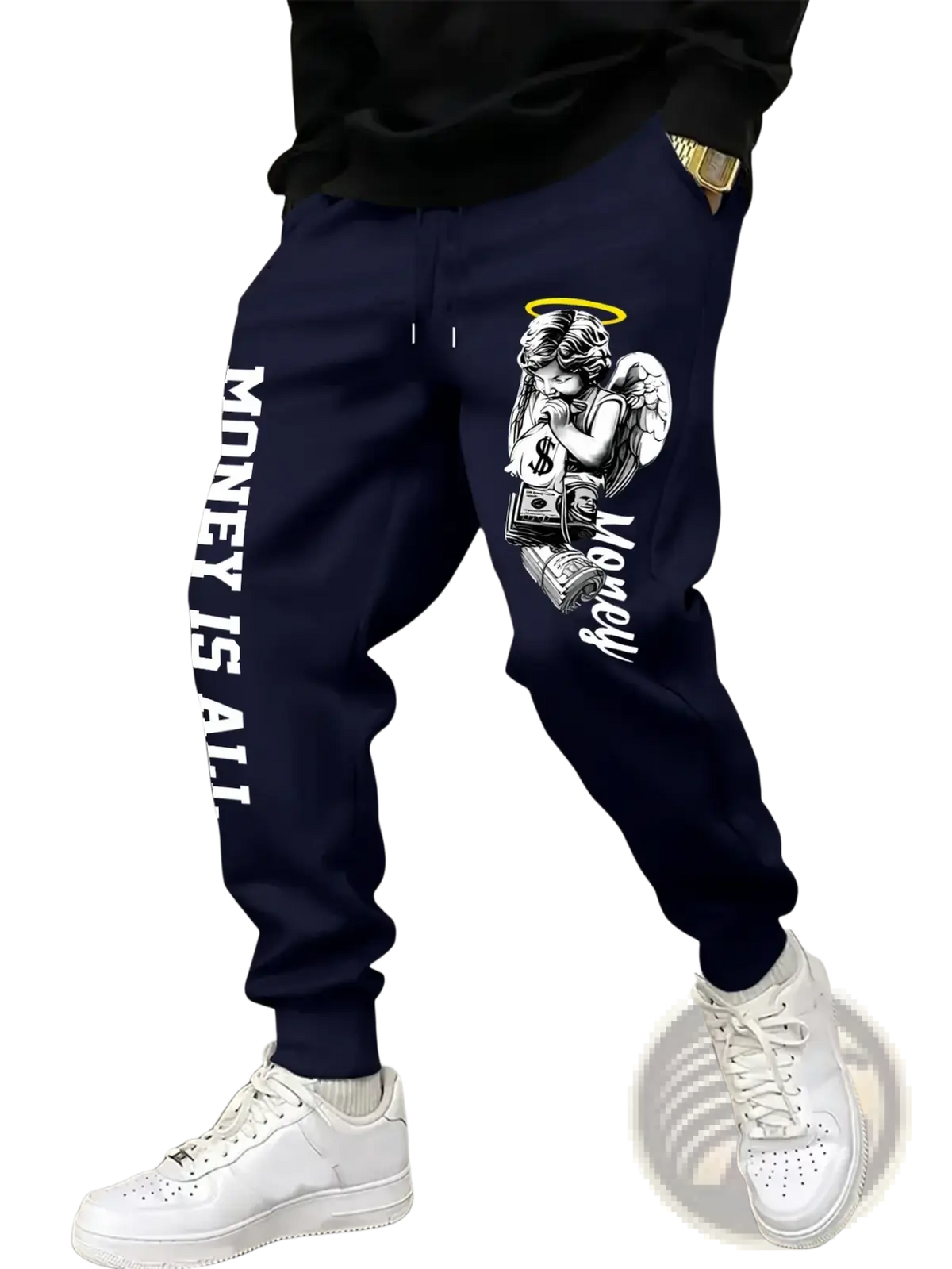 Men’s navy blue sweatpants with a white angel graphic holding money and money is all text printed vertically