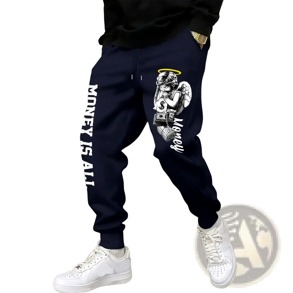 Men’s navy blue sweatpants with white angel graphic holding money and vertical money is all text on the leg