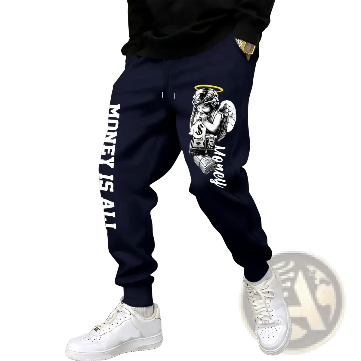 Men’s navy blue sweatpants with white angel graphic holding money and vertical money is all text on the leg
