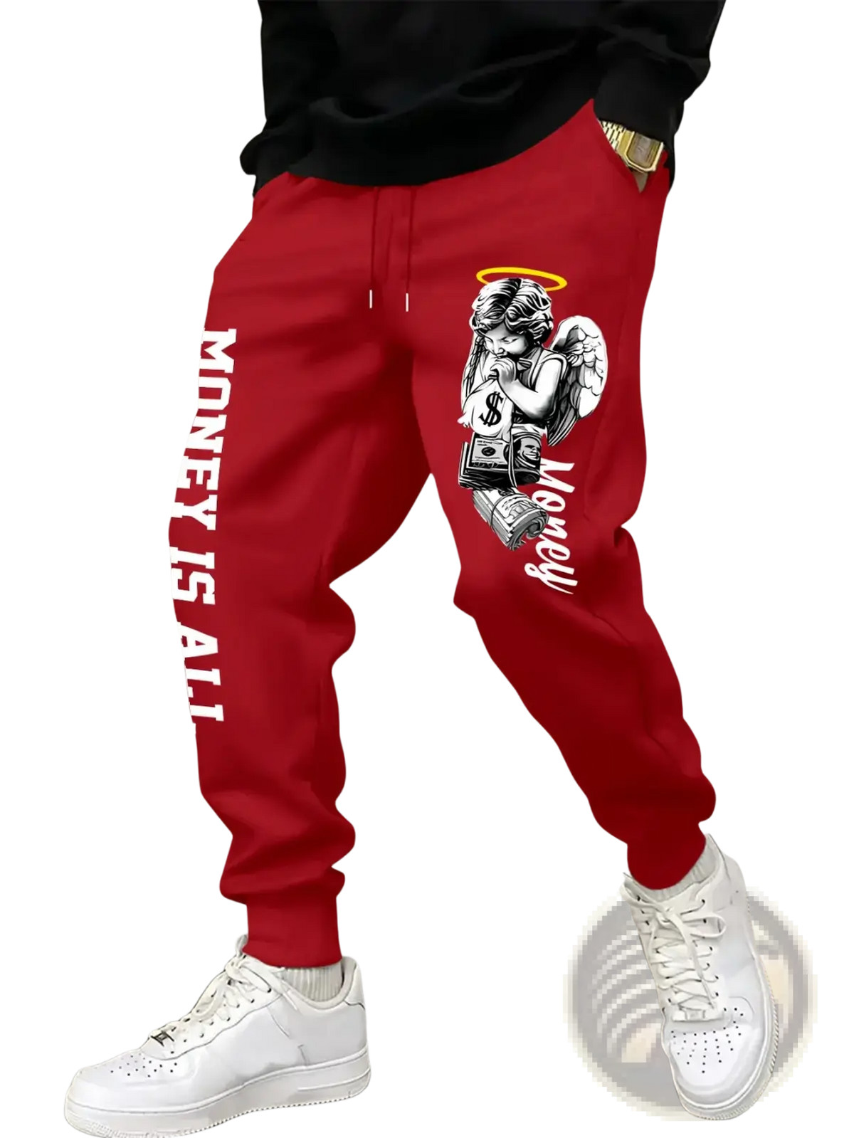 Men’s red joggers sweatpants featuring a white angel graphic holding money and vertical text money is all on the leg