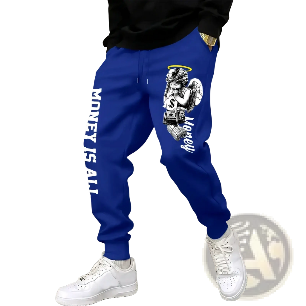 Men’s royal blue joggers sweatpants with white angel graphic and money is all text along the leg